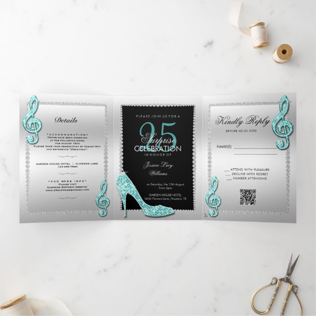 Invitación Tríptica Stiletto, foto, Código QR 25º cumpleaños sorpresa (Interior)