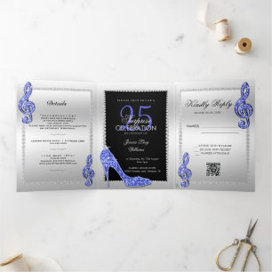 Invitación Tríptica Stiletto, foto, Código QR 25º cumpleaños sorpresa