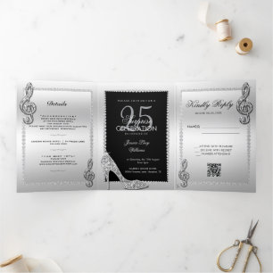 Invitación Tríptica Stiletto, foto, Código QR 25º cumpleaños sorpresa