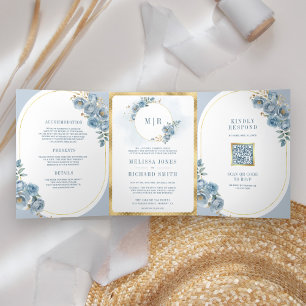 Invitación Tríptica Suave Azul Floral Polvoriento Dorado Todo en Uno B