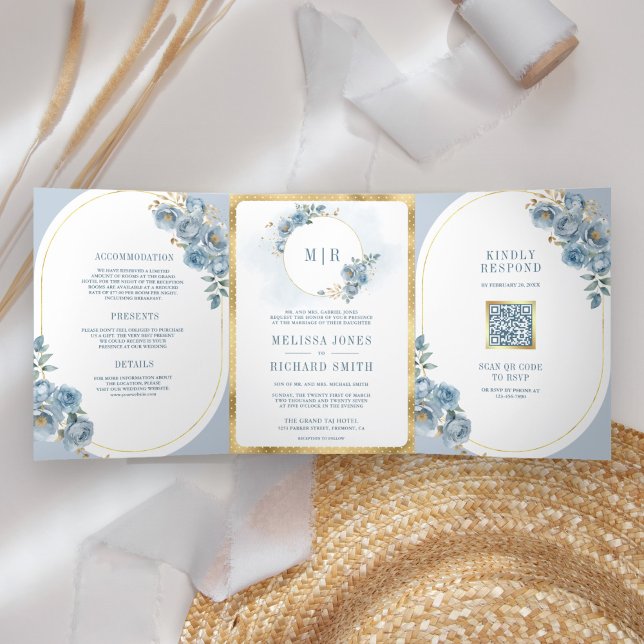 Invitación Tríptica Suave dorado floral azul en un solo Boda (Subido por el creador)