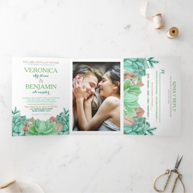 Invitación Tríptica Suculenta suite Boda con flores botánicas Bouquet (Interior)