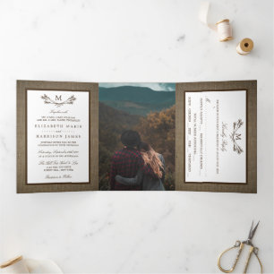 Invitación Tríptica Sucursal de Monograma Rústico del País y Boda de B