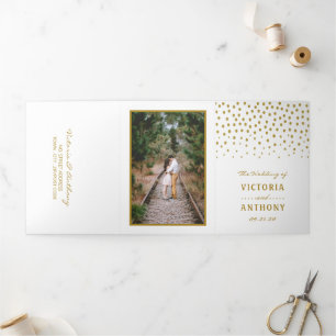 Invitación Tríptica Suite Boda de puntos de polka dorada