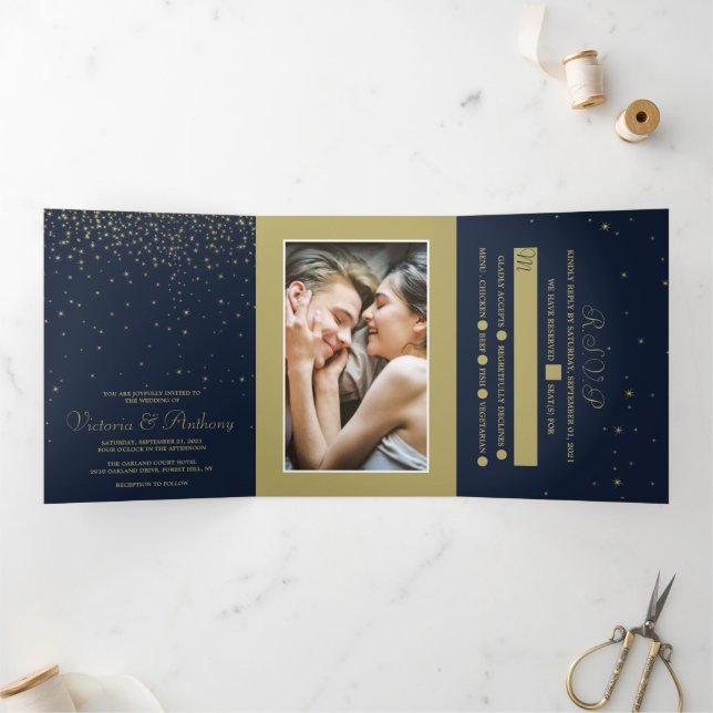 Invitación Tríptica Suite de Boda Elegante Navy y Estrellas Fugaces de (Interior)