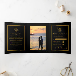 Invitación Tríptica Suite de Boda Gold Butler, Black & Gold