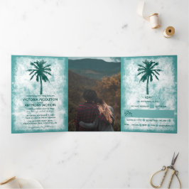 Invitación Tríptica Suite de Boda Tropical Palm Tree Beach