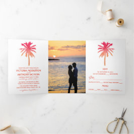 Invitación Tríptica Suite de matrimonio Tropical Sunset Palm Tree Beac