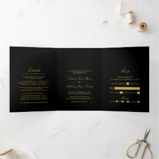 Invitación Tríptica Suite simple de Boda negro y dorado