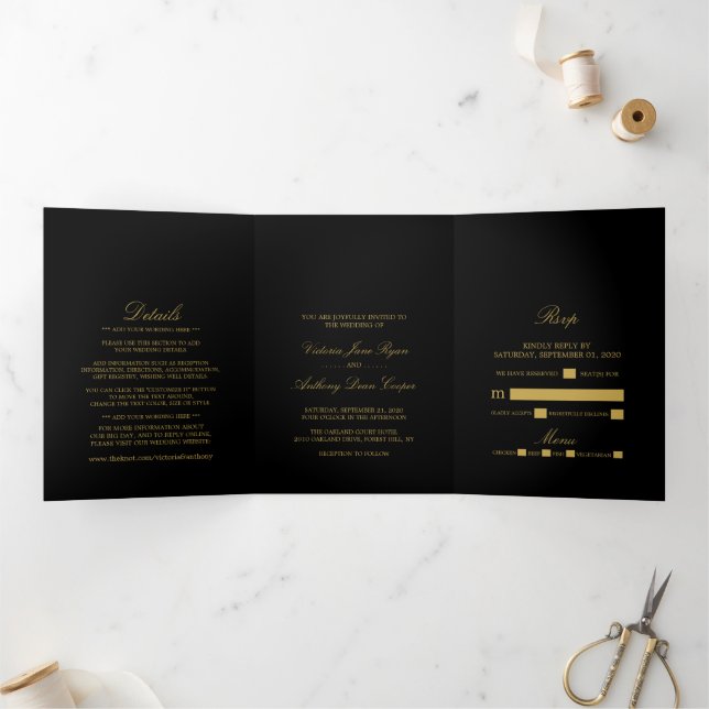 Invitación Tríptica Suite simple de Boda negro y dorado (Interior)