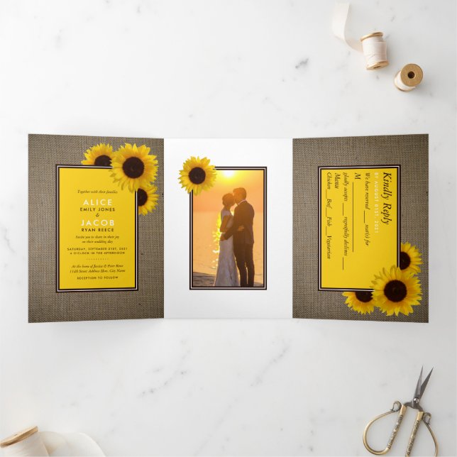 Invitación Tríptica Sunflowers & Burlap, Suite Boda (Interior)