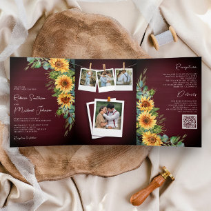 Invitación Tríptica Sunflowers Eucalyptus QR Code Burgundy Boda
