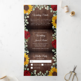 Invitación Tríptica Sunflowers Eucalyptus Red Rose Wood Budget Boda