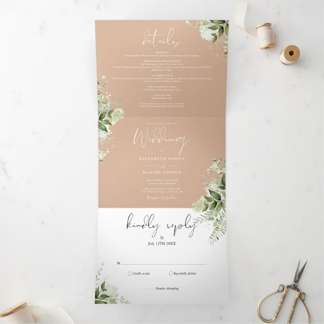 Invitación Tríptica Tan moderno Boda de fotografía de vegetación botán (Interior)