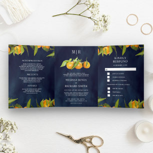 Invitación Tríptica Tangerine Citrus Naranja Orchard Naval Boda Azul