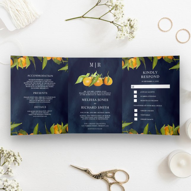 Invitación Tríptica Tangerine Citrus Naranja Orchard Naval Boda Azul (Subido por el creador)