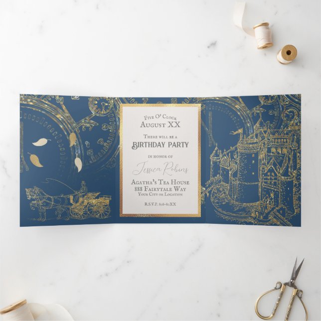 Invitación Tríptica Tema de Cuento de Hadas Castillo Carruaje Oro y Az (Interior)