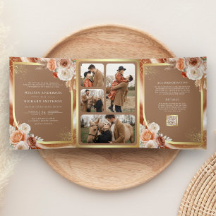 Invitación Tríptica Terracota Floral Pampas Dorado Beige Boda