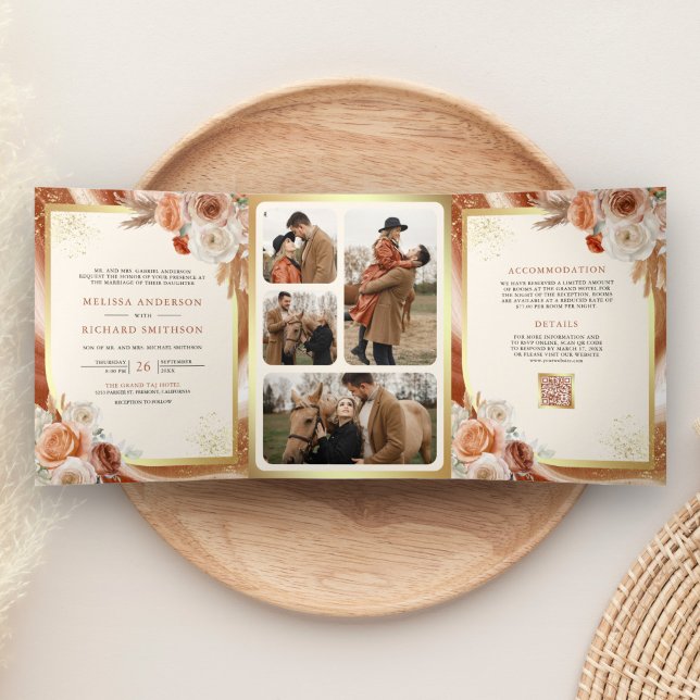 Invitación Tríptica Terracota Floral Pampas Oro todo en un Boda (Subido por el creador)