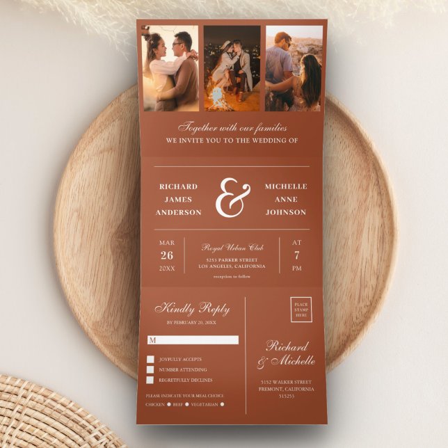 Invitación Tríptica Terracota mínima 3 en 1 Boda de Collage de fotos (Subido por el creador)