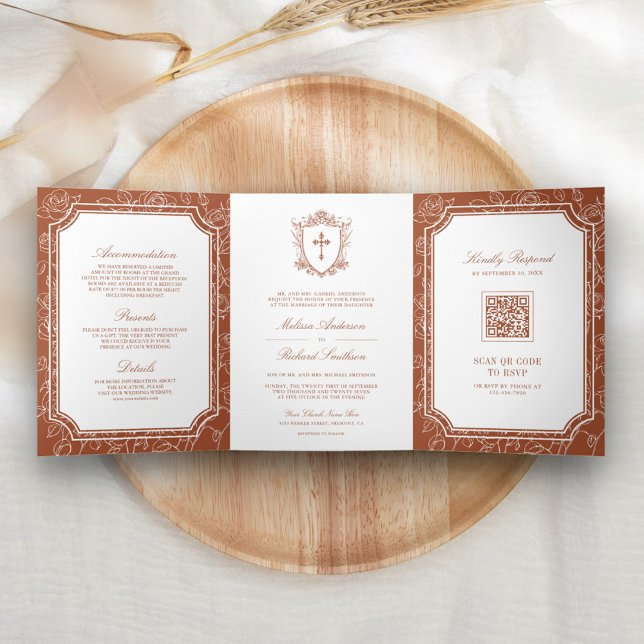 Invitación Tríptica Terracota victoriana Católica Boda de código QR (Subido por el creador)