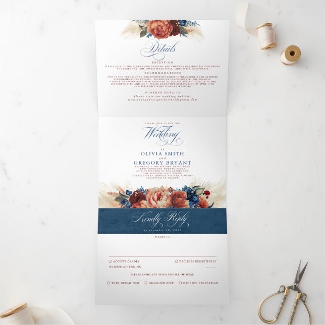 Invitación Tríptica Terracota y Boda Boho Elegante Azul de la Marina (Interior)
