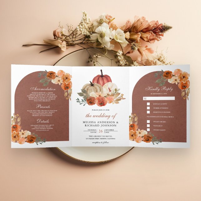 Invitación Tríptica Terracotta Arch Earthy Floral Pumpkin Boda (Subido por el creador)