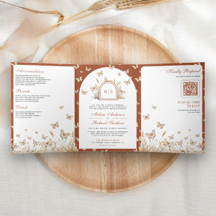 Invitación Tríptica Terracotta Beige Wildflower Mariposa Boda