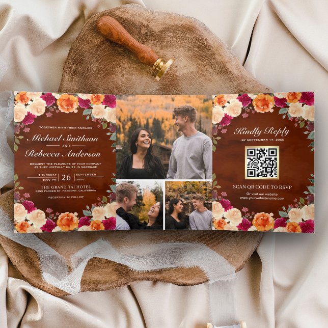 Invitación Tríptica Terracotta Burgundy Floral Foto Boda de código QR (Subido por el creador)