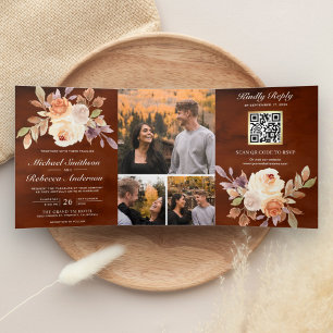 Invitación Tríptica Terracotta Earthy Ivory Floral Código QR Boda