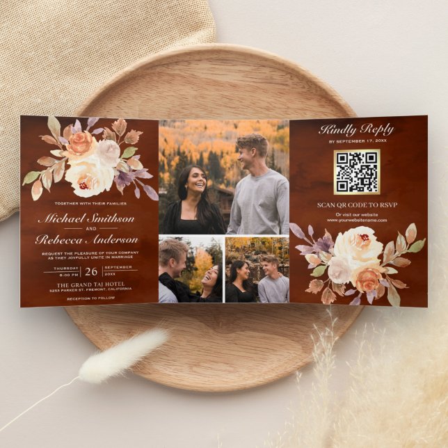 Invitación Tríptica Terracotta Earthy Ivory Floral Código QR Boda (Subido por el creador)