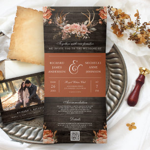 Invitación Tríptica Terracotta Floral Antlers Madera Código QR Boda
