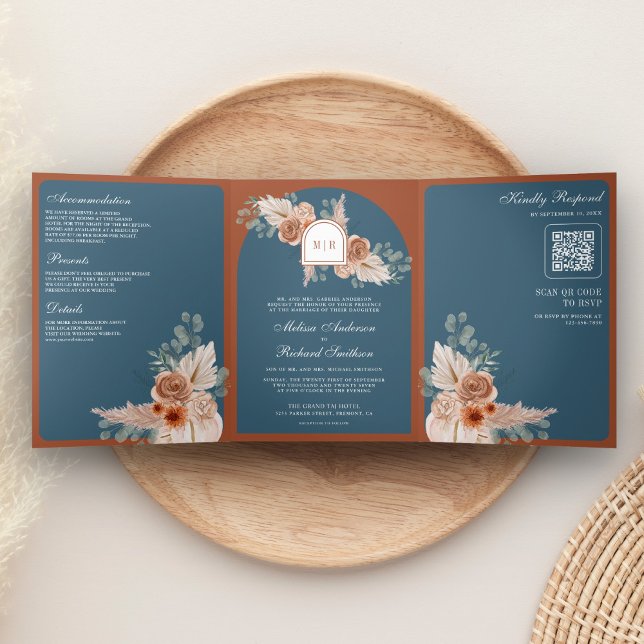 Invitación Tríptica Terracotta Floral Dusty Blue QR Code Wedding (Subido por el creador)