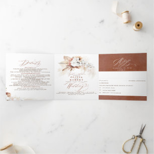 Invitación Tríptica Terracotta Floral Exótico Moderno Boho Boda