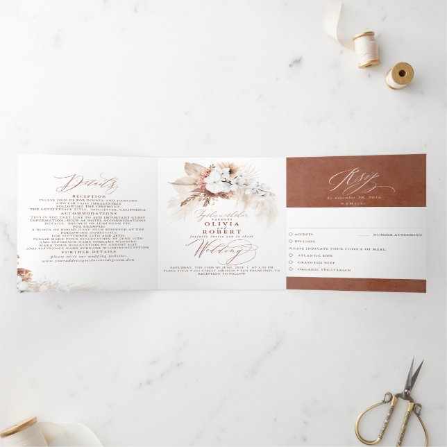 Invitación Tríptica Terracotta Floral Exótico Moderno Boho Boda (Interior)