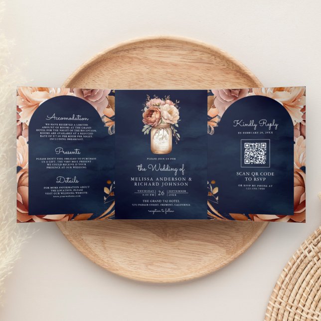 Invitación Tríptica Terracotta Floral Mason Jar Navy QR Code Boda (Subido por el creador)