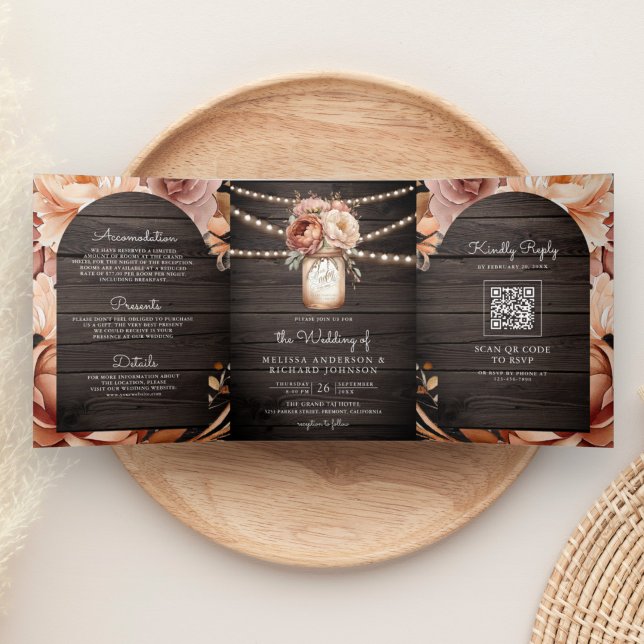 Invitación Tríptica Terracotta Floral Mason Jar Wood QR Code Boda (Subido por el creador)