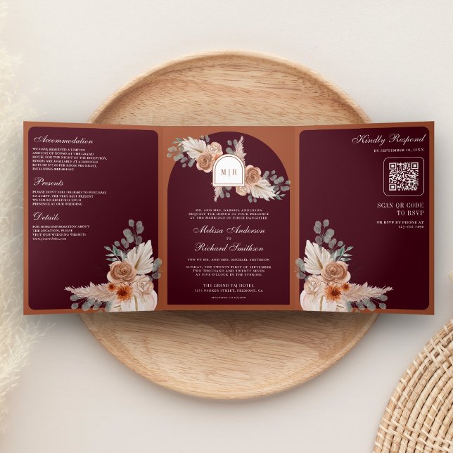Invitación Tríptica Terracotta Floral Pampas Burgundy QR Code Wedding (Subido por el creador)