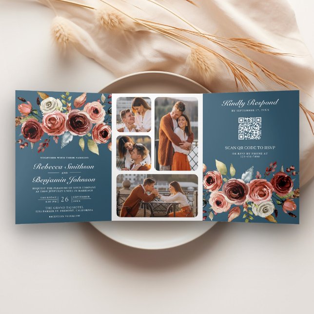 Invitación Tríptica Terracotta Floral QR Code Dusty Blue Wedding (Subido por el creador)