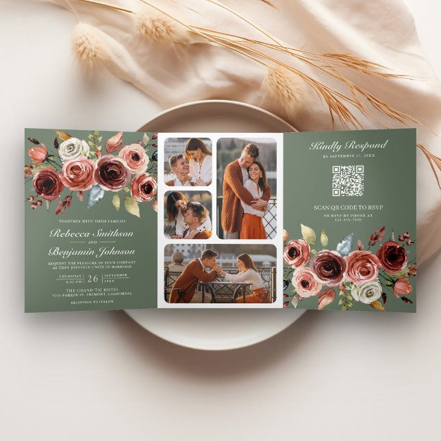 Invitación Tríptica Terracotta Floral QR Code Sage Green Wedding (Subido por el creador)