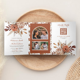 Invitación Tríptica Terracotta Floral Todo en un Boda de código QR
