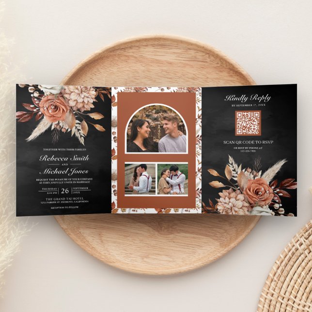 Invitación Tríptica Terracotta Floral Todo en un código QR Boda negro (Subido por el creador)