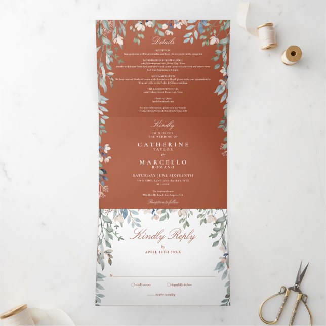 Invitación Tríptica Terracotta Floral Wildflowers Boda de fotografía (Interior)