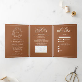 Invitación Tríptica Terracotta Leafy Escudo Monograma Boda