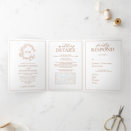 Invitación Tríptica Terracotta Leafy Escudo Monograma Boda