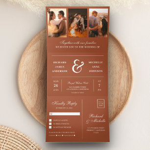Invitación Tríptica Terracotta Minimal 3 en 1 Collage de Fotos Boda