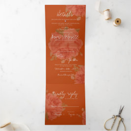 Invitación Tríptica Terracotta Rust Floral Monograma Boda