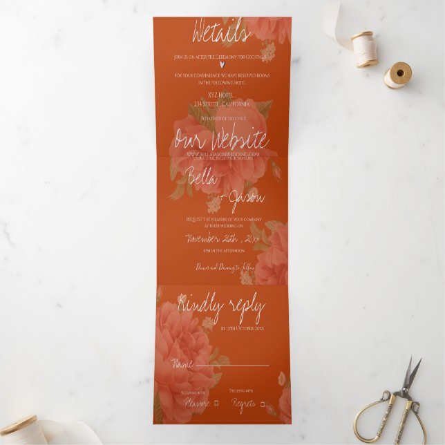 Invitación Tríptica Terracotta Rust Floral Monograma Boda (Interior)