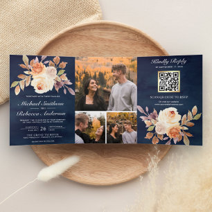 Invitación Tríptica Terroso Marfil Floral Azul Marino Código QR Boda