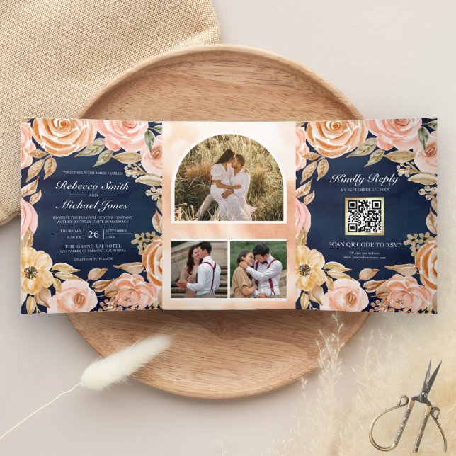 Invitación Tríptica Tierra Rústica Floral Azul Marino Código QR Boda (Subido por el creador)